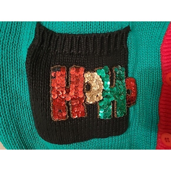 VTG Work In Progress Cardigan Sweater Knit Women Sz 2X Holiday Mistletoe Santa - Picture 7 of 12